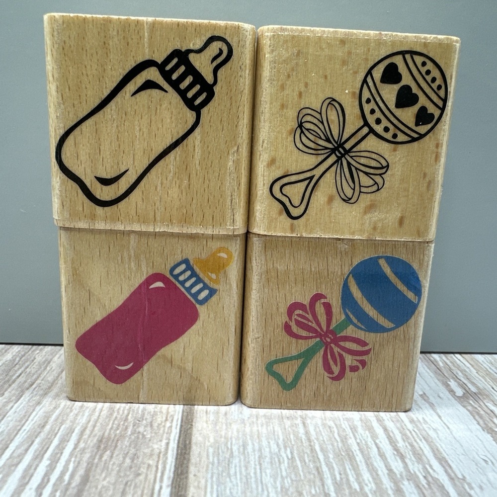 Stamp Craft Lot Of 4 Wood Mounted Rubber Stamps Baby Bottle & Rattle Baby Shower